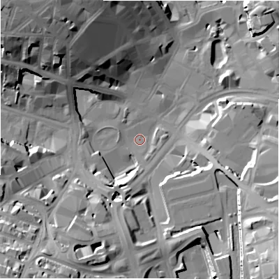 Shaded relief map of the ground around BD19SU, computed from Environment Agency LiDAR. The ground here sits at about 99 m above sea level and falls 38 m across the surrounding 800 m. Surface water reaching this point runs off ground lying to the south-west, 32.4 m higher.