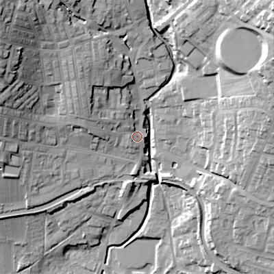 Shaded relief map of the ground around BD200AJ, computed from Environment Agency LiDAR. The ground here sits at about 106 m above sea level and falls 46 m across the surrounding 800 m. Surface water reaching this point runs off ground lying to the north-west, 24.7 m higher.