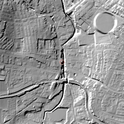 Shaded relief map of the ground around BD200AL, computed from Environment Agency LiDAR. The ground here sits at about 106 m above sea level and falls 49 m across the surrounding 800 m. Surface water reaching this point runs off ground lying to the north-east, 43.0 m higher.
