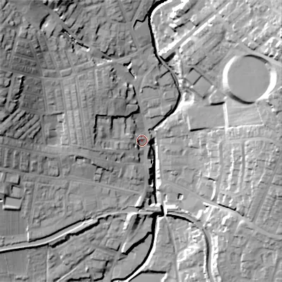 Shaded relief map of the ground around BD200AQ, computed from Environment Agency LiDAR. The ground here sits at about 106 m above sea level and falls 46 m across the surrounding 800 m. Surface water reaching this point runs off ground lying to the north-west, 29.1 m higher.