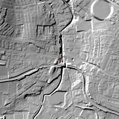 Shaded relief map of the ground around BD200DX, computed from Environment Agency LiDAR. The ground here sits at about 104 m above sea level and falls 48 m across the surrounding 800 m. Surface water reaching this point runs off ground lying to the north-east, 40.1 m higher.