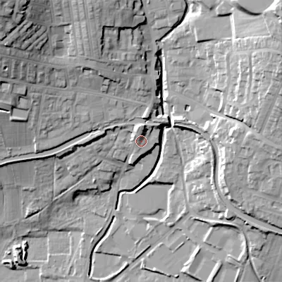 Shaded relief map of the ground around BD200EA, computed from Environment Agency LiDAR. The ground here sits at about 104 m above sea level and falls 42 m across the surrounding 800 m. Surface water reaching this point runs off ground lying to the north-east, 2.3 m higher.