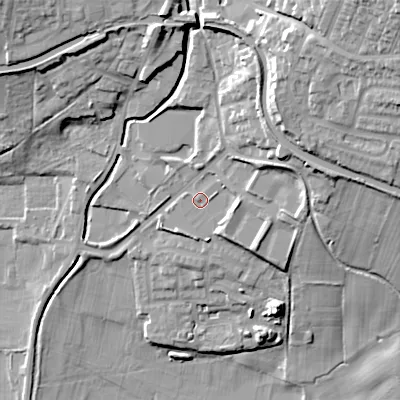 Shaded relief map of the ground around BD200EE, computed from Environment Agency LiDAR. The ground here sits at about 96 m above sea level and falls 36 m across the surrounding 800 m. Surface water reaching this point runs off ground lying to the north-north-east, 9.8 m higher.