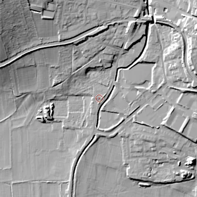 Shaded relief map of the ground around BD200EH, computed from Environment Agency LiDAR. The ground here sits at about 95 m above sea level and falls 36 m across the surrounding 800 m. Surface water reaching this point runs off ground lying to the east-north-east, 2.0 m higher.