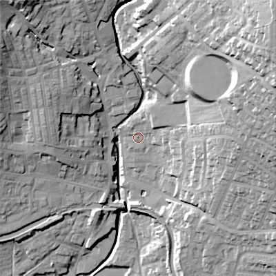 Shaded relief map of the ground around BD200EP, computed from Environment Agency LiDAR. The ground here sits at about 106 m above sea level and falls 56 m across the surrounding 800 m. Surface water reaching this point runs off ground lying to the east-north-east, 37.7 m higher.