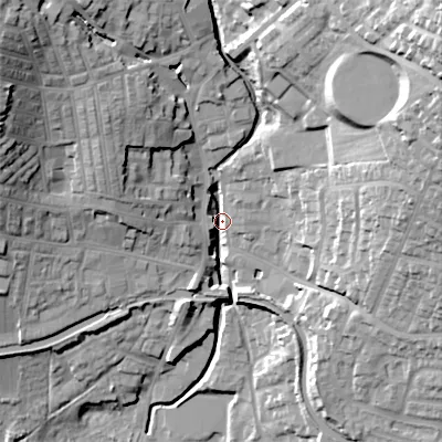 Shaded relief map of the ground around BD200ES, computed from Environment Agency LiDAR. The ground here sits at about 101 m above sea level and falls 50 m across the surrounding 800 m. Surface water reaching this point runs off ground lying to the north-east, 44.4 m higher.