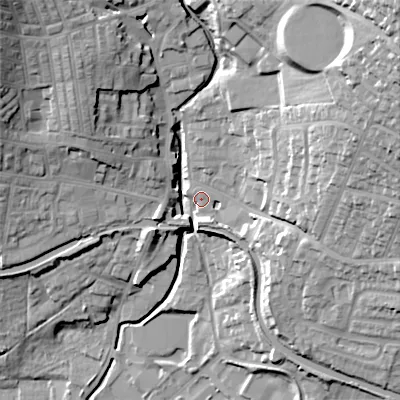 Shaded relief map of the ground around BD200ET, computed from Environment Agency LiDAR. The ground here sits at about 103 m above sea level and falls 53 m across the surrounding 800 m. Surface water reaching this point runs off ground lying to the east-north-east, 31.8 m higher.