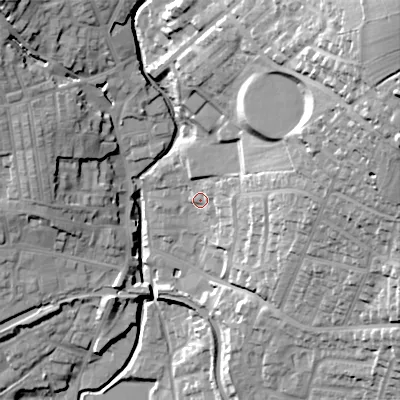 Shaded relief map of the ground around BD200EU, computed from Environment Agency LiDAR. The ground here sits at about 108 m above sea level and falls 60 m across the surrounding 800 m. Surface water reaching this point runs off ground lying to the east-north-east, 39.2 m higher.