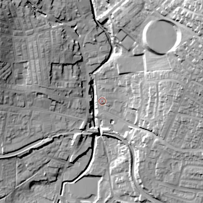 Shaded relief map of the ground around BD200EX, computed from Environment Agency LiDAR. The ground here sits at about 104 m above sea level and falls 53 m across the surrounding 800 m. Surface water reaching this point runs off ground lying to the north-east, 3.1 m higher.