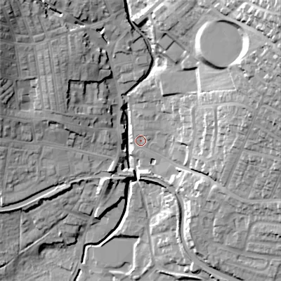 Shaded relief map of the ground around BD200EY, computed from Environment Agency LiDAR. The ground here sits at about 103 m above sea level and falls 53 m across the surrounding 800 m. Surface water reaching this point runs off ground lying to the east-north-east, 35.9 m higher.