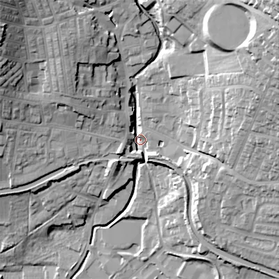Shaded relief map of the ground around BD200EZ, computed from Environment Agency LiDAR. The ground here sits at about 101 m above sea level and falls 52 m across the surrounding 800 m. Surface water reaching this point runs off ground lying to the north-east, 43.7 m higher.