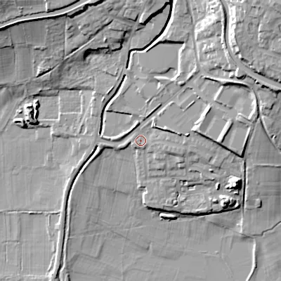 Shaded relief map of the ground around BD200FJ, computed from Environment Agency LiDAR. The ground here sits at about 93 m above sea level and falls 27 m across the surrounding 800 m. Surface water reaching this point runs off ground lying to the north-east, 12.8 m higher.