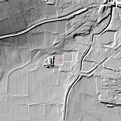 Shaded relief map of the ground around BD200FY, computed from Environment Agency LiDAR. The ground here sits at about 91 m above sea level and falls 41 m across the surrounding 800 m. Surface water reaching this point runs off ground lying to the north-east, 17.0 m higher.