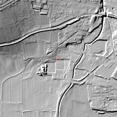 Shaded relief map of the ground around BD200FZ, computed from Environment Agency LiDAR. The ground here sits at about 93 m above sea level and falls 42 m across the surrounding 800 m. Surface water reaching this point runs off ground lying to the north-east, 16.2 m higher.