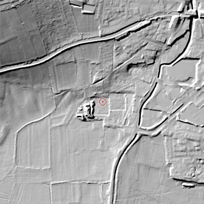 Shaded relief map of the ground around BD200GA, computed from Environment Agency LiDAR. The ground here sits at about 91 m above sea level and falls 43 m across the surrounding 800 m. Surface water reaching this point runs off ground lying to the north-east, 17.0 m higher.