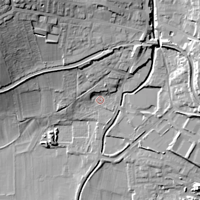 Shaded relief map of the ground around BD200GB, computed from Environment Agency LiDAR. The ground here sits at about 95 m above sea level and falls 40 m across the surrounding 800 m. Surface water reaching this point runs off ground lying to the north-east, 12.9 m higher.