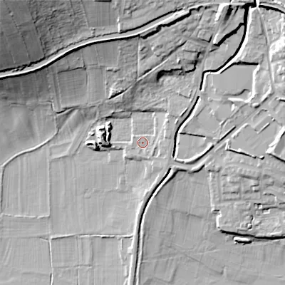 Shaded relief map of the ground around BD200GE, computed from Environment Agency LiDAR. The ground here sits at about 92 m above sea level and falls 37 m across the surrounding 800 m. Surface water reaching this point runs off ground lying to the east-north-east, 2.2 m higher.