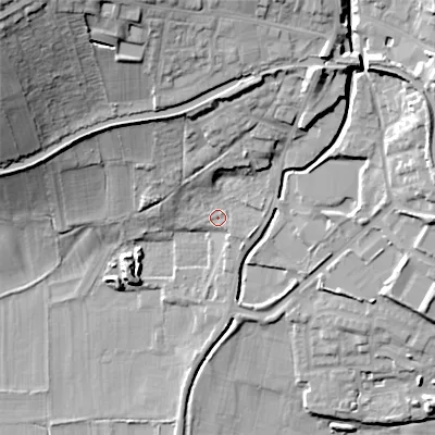 Shaded relief map of the ground around BD200GF, computed from Environment Agency LiDAR. The ground here sits at about 94 m above sea level and falls 40 m across the surrounding 800 m. Surface water reaching this point runs off ground lying to the north-east, 14.2 m higher.