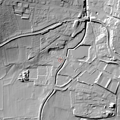 Shaded relief map of the ground around BD200GG, computed from Environment Agency LiDAR. The ground here sits at about 95 m above sea level and falls 36 m across the surrounding 800 m. Surface water reaching this point runs off ground lying to the north-north-east, 12.6 m higher.
