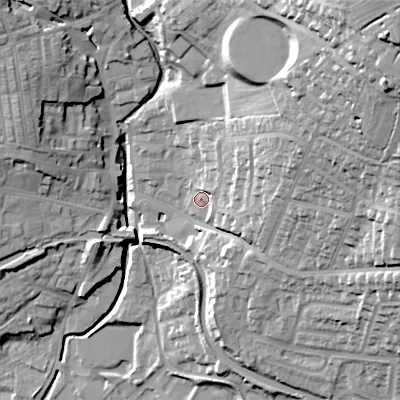 Shaded relief map of the ground around BD200HA, computed from Environment Agency LiDAR. The ground here sits at about 106 m above sea level and falls 58 m across the surrounding 800 m. Surface water reaching this point runs off ground lying to the east-north-east, 22.7 m higher.