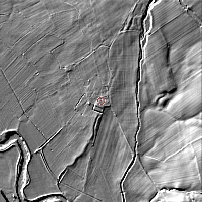 Shaded relief map of the ground around BD200LU, computed from Environment Agency LiDAR. The ground here sits at about 90 m above sea level and falls 24 m across the surrounding 800 m. Surface water reaching this point runs off ground lying to the north-north-east, 4.3 m higher.