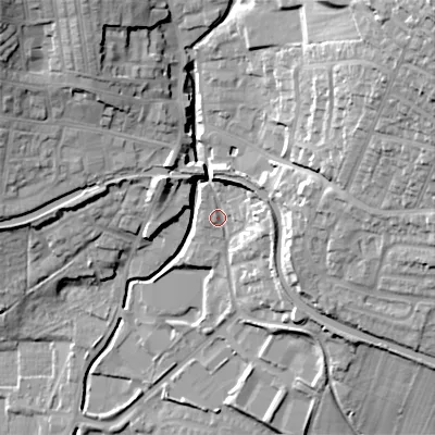 Shaded relief map of the ground around BD200NB, computed from Environment Agency LiDAR. The ground here sits at about 100 m above sea level and falls 48 m across the surrounding 800 m. Surface water reaching this point runs off ground lying to the east, 7.6 m higher.