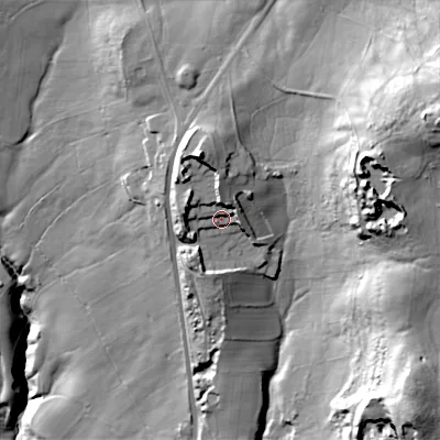 Shaded relief map of the ground around BD200NS, computed from Environment Agency LiDAR. The ground here sits at about 233 m above sea level and falls 93 m across the surrounding 800 m. Surface water reaching this point runs off ground lying to the north-north-west, 16.5 m higher.