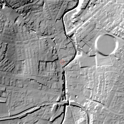 Shaded relief map of the ground around BD200PA, computed from Environment Agency LiDAR. The ground here sits at about 107 m above sea level and falls 48 m across the surrounding 800 m. Surface water reaching this point runs off ground lying to the north-west, 33.7 m higher.