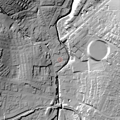 Shaded relief map of the ground around BD200PH, computed from Environment Agency LiDAR. The ground here sits at about 109 m above sea level and falls 50 m across the surrounding 800 m. Surface water reaching this point runs off ground lying to the north, 4.6 m higher.