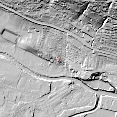 Shaded relief map of the ground around BD205AB, computed from Environment Agency LiDAR. The ground here sits at about 91 m above sea level and falls 87 m across the surrounding 800 m. Surface water reaching this point runs off ground lying to the north-north-east, 16.4 m higher.