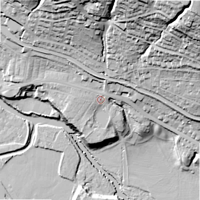 Shaded relief map of the ground around BD205EL, computed from Environment Agency LiDAR. The ground here sits at about 98 m above sea level and falls 87 m across the surrounding 800 m. Surface water reaching this point runs off ground lying to the north-north-west, 9.8 m higher.