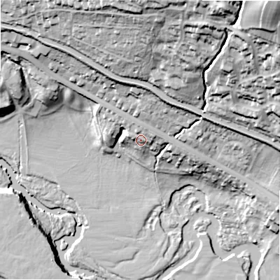 Shaded relief map of the ground around BD205JN, computed from Environment Agency LiDAR. The ground here sits at about 93 m above sea level and falls 76 m across the surrounding 800 m. Surface water reaching this point runs off ground lying to the north, 3.4 m higher.