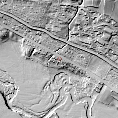 Shaded relief map of the ground around BD205JT, computed from Environment Agency LiDAR. The ground here sits at about 93 m above sea level and falls 77 m across the surrounding 800 m. Surface water reaching this point runs off ground lying to the north-north-east, 12.9 m higher.