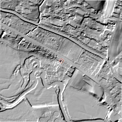 Shaded relief map of the ground around BD205JU, computed from Environment Agency LiDAR. The ground here sits at about 91 m above sea level and falls 75 m across the surrounding 800 m. Surface water reaching this point runs off ground lying to the east, 5.5 m higher.