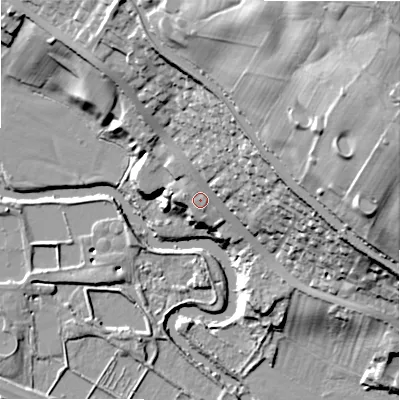 Shaded relief map of the ground around BD205LY, computed from Environment Agency LiDAR. The ground here sits at about 90 m above sea level and falls 63 m across the surrounding 800 m. Surface water reaching this point runs off ground lying to the north-north-west, 1.5 m higher.