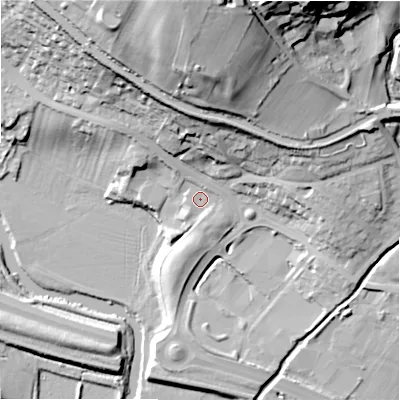 Shaded relief map of the ground around BD205NG, computed from Environment Agency LiDAR. The ground here sits at about 87 m above sea level and falls 55 m across the surrounding 800 m. Surface water reaching this point runs off ground lying to the south-south-east, 2.0 m higher.