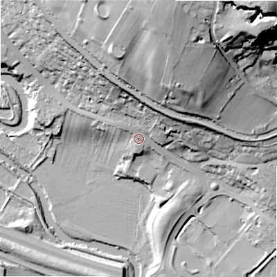Shaded relief map of the ground around BD205NP, computed from Environment Agency LiDAR. The ground here sits at about 91 m above sea level and falls 68 m across the surrounding 800 m. Surface water reaching this point runs off ground lying to the north-east, 15.6 m higher.