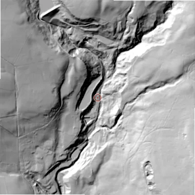 Shaded relief map of the ground around BD205UB, computed from Environment Agency LiDAR. The ground here sits at about 185 m above sea level and falls 105 m across the surrounding 800 m. Surface water reaching this point runs off ground lying to the north-east, 79.0 m higher.