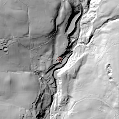 Shaded relief map of the ground around BD205UY, computed from Environment Agency LiDAR. The ground here sits at about 180 m above sea level and falls 96 m across the surrounding 800 m. Surface water reaching this point runs off ground lying to the north-north-east, 19.2 m higher.