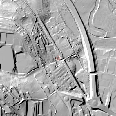 Shaded relief map of the ground around BD206BJ, computed from Environment Agency LiDAR. The ground here sits at about 92 m above sea level and falls 73 m across the surrounding 800 m. Surface water reaching this point runs off ground lying to the south-west, 62.6 m higher.