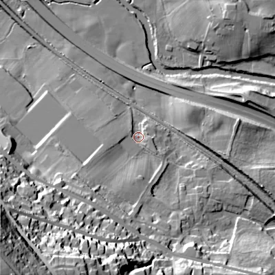 Shaded relief map of the ground around BD206DL, computed from Environment Agency LiDAR. The ground here sits at about 93 m above sea level and falls 78 m across the surrounding 800 m. Surface water reaching this point runs off ground lying to the south-south-west, 16.2 m higher.