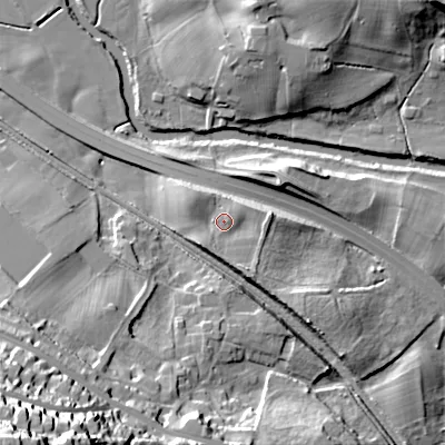 Shaded relief map of the ground around BD206DQ, computed from Environment Agency LiDAR. The ground here sits at about 92 m above sea level and falls 60 m across the surrounding 800 m. Surface water reaching this point runs off ground lying to the south-south-east, 4.2 m higher.