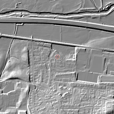 Shaded relief map of the ground around BD206FF, computed from Environment Agency LiDAR. The ground here sits at about 91 m above sea level and falls 28 m across the surrounding 800 m. Surface water reaching this point runs off ground lying to the south, 17.4 m higher.
