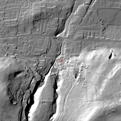 Shaded relief map of the ground around BD206NT, computed from Environment Agency LiDAR. The ground here sits at about 116 m above sea level and falls 107 m across the surrounding 800 m. Surface water reaching this point runs off ground lying to the south-east, 86.5 m higher.