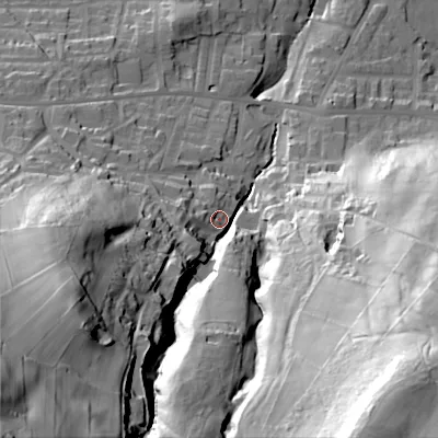Shaded relief map of the ground around BD206PU, computed from Environment Agency LiDAR. The ground here sits at about 119 m above sea level and falls 108 m across the surrounding 800 m. Surface water reaching this point runs off ground lying to the south-west, 76.3 m higher.