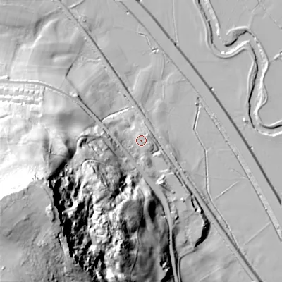 Shaded relief map of the ground around BD206QR, computed from Environment Agency LiDAR. The ground here sits at about 94 m above sea level and falls 113 m across the surrounding 800 m. Surface water reaching this point runs off ground lying to the west-south-west, 7.0 m higher.