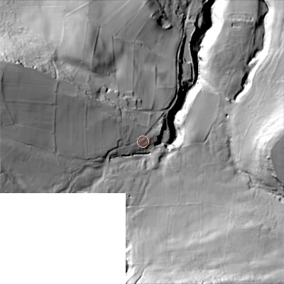 Shaded relief map of the ground around BD206QS, computed from Environment Agency LiDAR. The ground here sits at about 193 m above sea level and falls 114 m across the surrounding 800 m. Surface water reaching this point runs off ground lying to the west-north-west, 29.6 m higher.