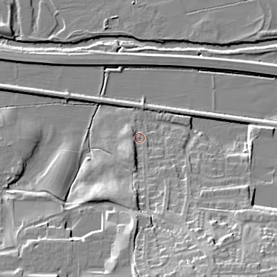 Shaded relief map of the ground around BD206RD, computed from Environment Agency LiDAR. The ground here sits at about 90 m above sea level and falls 24 m across the surrounding 800 m. Surface water reaching this point runs off ground lying to the south, 17.8 m higher.