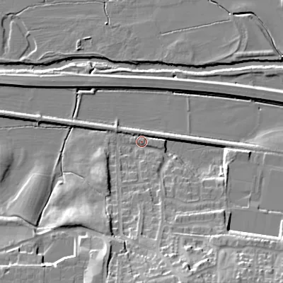 Shaded relief map of the ground around BD206RG, computed from Environment Agency LiDAR. The ground here sits at about 89 m above sea level and falls 21 m across the surrounding 800 m. Surface water reaching this point runs off ground lying to the south-south-east, 19.5 m higher.