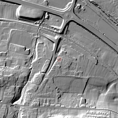 Shaded relief map of the ground around BD206RY, computed from Environment Agency LiDAR. The ground here sits at about 97 m above sea level and falls 33 m across the surrounding 800 m. Surface water reaching this point runs off ground lying to the south-south-west, 6.6 m higher.